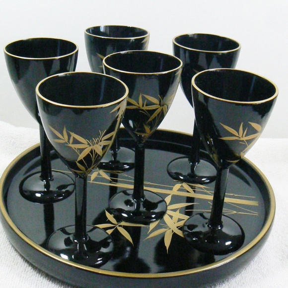 VTG black lacquer Bamboo design gold on black lacquer set of 6 goblets tray Box - Picture 5 of 12